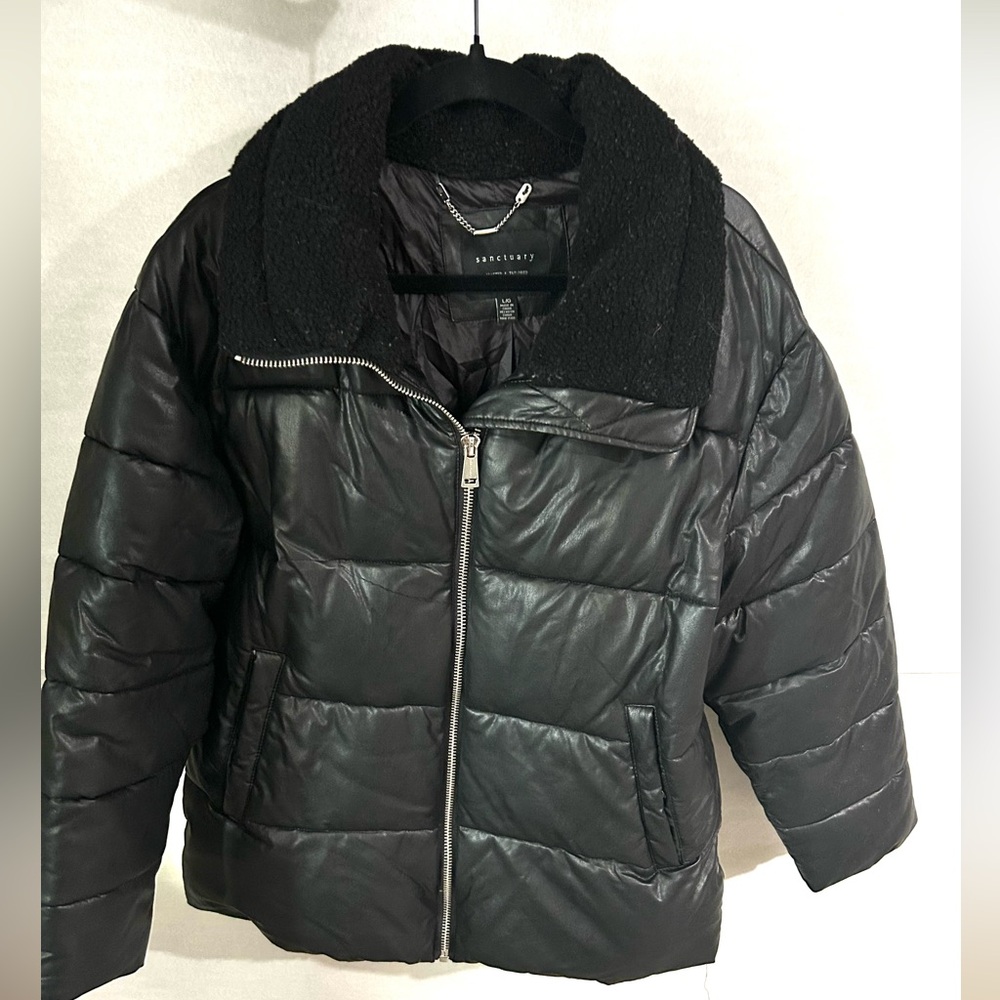 Sanctuary Faux Leather Puffer with Sherpa collar